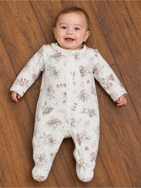 Cream Floral Bunny Footed One-Piece with Ruffle Collar